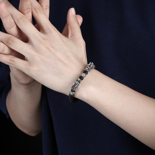 999 Sterling Silver Double Dragon Luck Bracelet