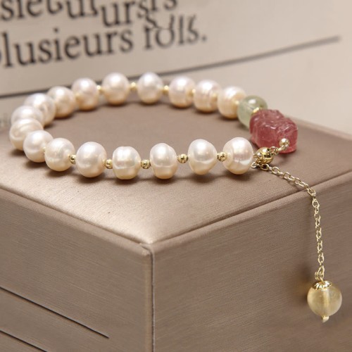 Cat's Eye Moonstone Strawberry Quartz PiXiu Charm Bracelet