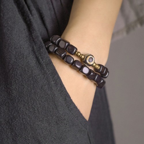 Ebony Wood Dzi Bead Copper Peace Couple Bracelet Ebony Wood Dzi Bead Copper Peace Couple Bracelet