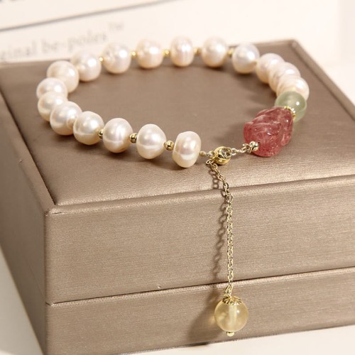 Cat's Eye Moonstone Strawberry Quartz PiXiu Charm Bracelet