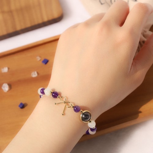 Amethyst Cat Eye Black Rutilated Quartz Bead Bracelet