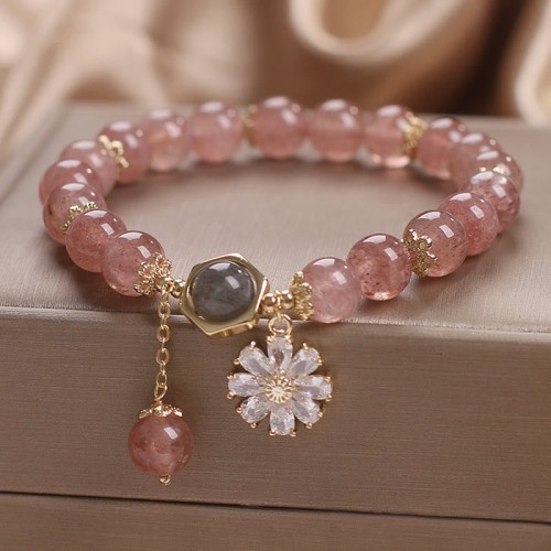 Strawberry Quartz Daisy Flower Charm Healing Bracelet Strawberry Quartz Daisy Flower Charm Healing Bracelet