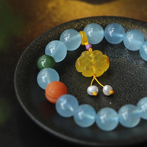 Aquamarine Amber Chinese Knot Charm Peace Bracelet