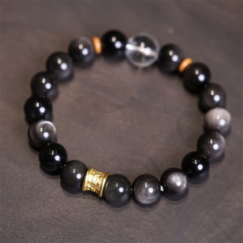Silver Sheen Obsidian Om Mani Padme Hum Protection Bracelet
