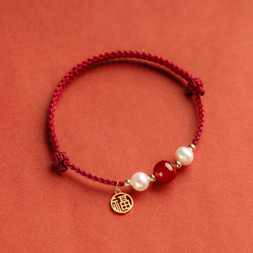 Sterling Silver Good Fortune Agate Pearl Red String Bracelet