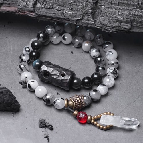 Black Rutilated Quartz Ebony Wood White Crystal Success Bracelet Black Rutilated Quartz Ebony Wood White Crystal Success Bracelet
