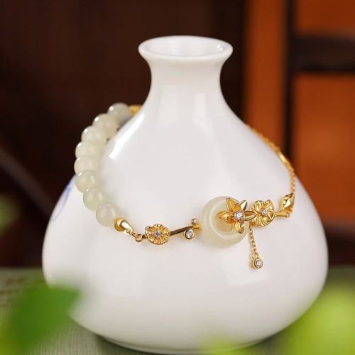 925 Silver Hetian Jade Peace Lotus Luck Bracelet 925 Silver Hetian Jade Peace Lotus Luck Bracelet
