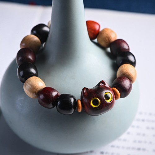 Ebony Wood Cat Engraved Protection Bracelet