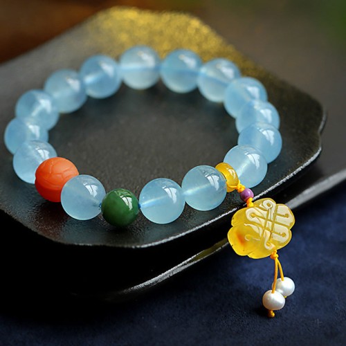Aquamarine Amber Chinese Knot Charm Peace Bracelet