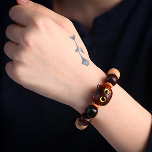 Ebony Wood Cat Engraved Protection Bracelet