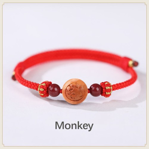 Natural Peach Wood Chinese Zodiac Cinnabar Wealth Bracelet