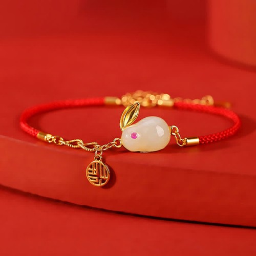 925 Silver Year of the Rabbit Hetian White Jade Luck Bracelet 925 Silver Year of the Rabbit Hetian White Jade Luck Bracelet