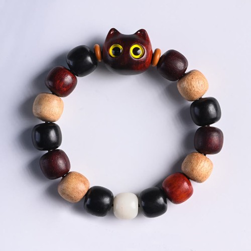 Ebony Wood Cat Engraved Protection Bracelet