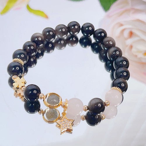 Natural Silver Sheen Obsidian Heart Star Flower Protection Bracelet