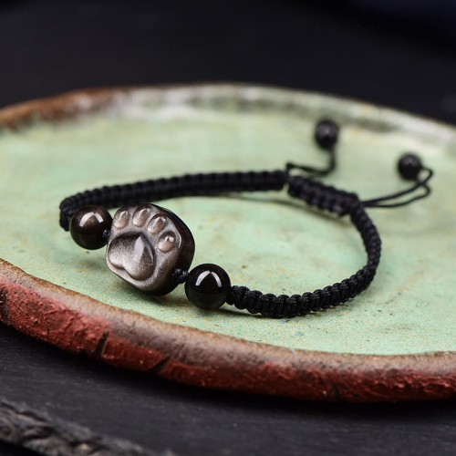 Silver Sheen Obsidian Cat Paw Protection Rope Bracelet Silver Sheen Obsidian Cat Paw Protection Rope Bracelet
