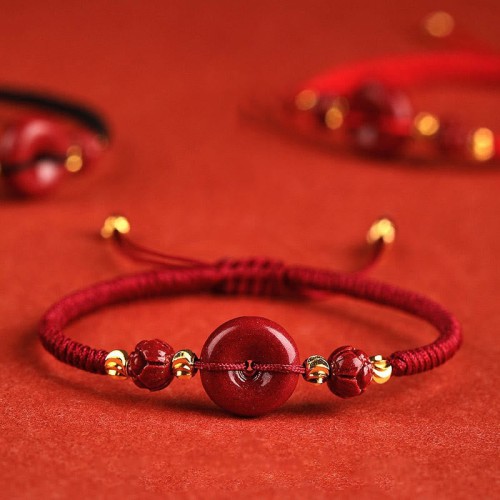 Handmade Lotus Cinnabar Blessing Braid Bracelet