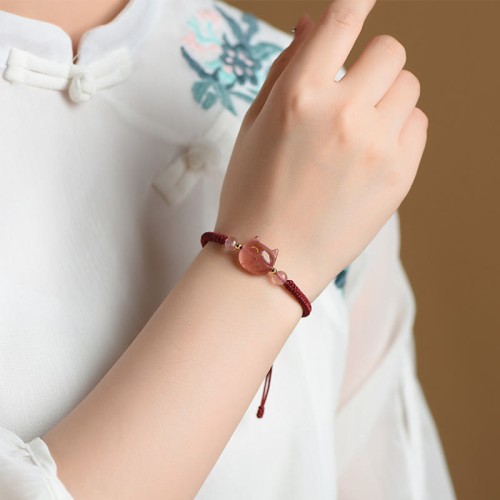 Silver Sheen Obsidian Strawberry Quartz Cat Bracelet Silver Sheen Obsidian Strawberry Quartz Cat Bracelet