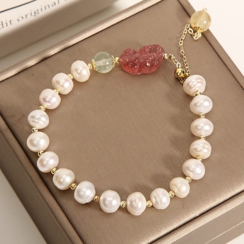 Cat's Eye Moonstone Strawberry Quartz PiXiu Charm Bracelet