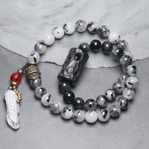 Black Rutilated Quartz Ebony Wood White Crystal Success Bracelet Black Rutilated Quartz Ebony Wood White Crystal Success Bracelet