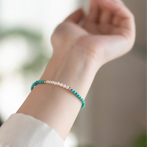 925 Sterling Silver Natural Turquoise Pearl Beaded Bracelet 925 Sterling Silver Natural Turquoise Pearl Beaded Bracelet