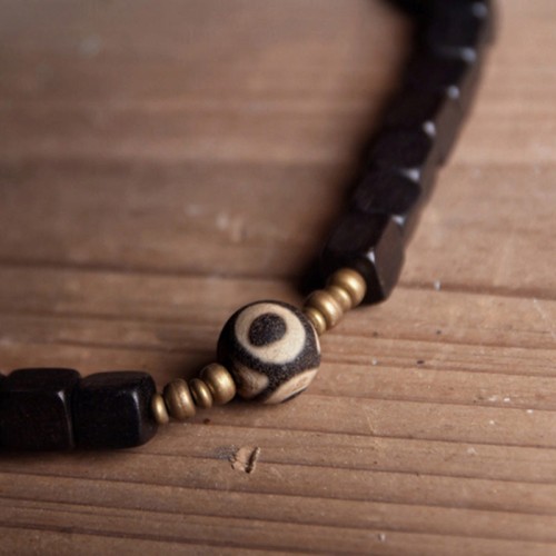 Ebony Wood Dzi Bead Copper Peace Couple Bracelet Ebony Wood Dzi Bead Copper Peace Couple Bracelet