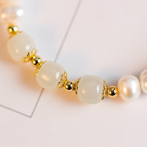 14K Gold Plated Pearl Hetian Cyan Jade Sincerity Bead Bracelet 14K Gold Plated Pearl Hetian Cyan Jade Sincerity Bead Bracelet