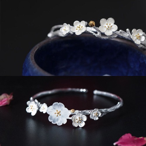 925 Sterling Silver Plum Flower Blessing Adjustable Bangle 925 Sterling Silver Plum Flower Blessing Adjustable Bangle