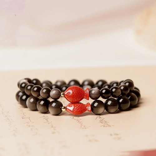 Silver Sheen Obsidian Cinnabar Koi Fish Protection Bracelet
