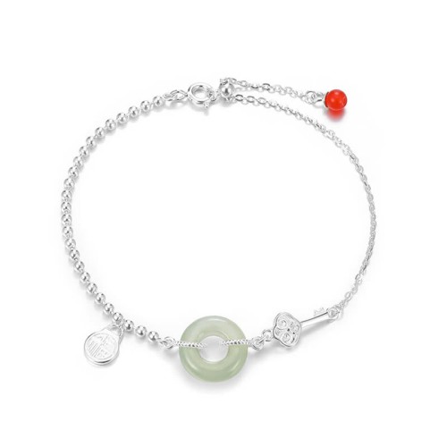 925 Sterling Silver Hetian Jade Fu Character Luck Bracelet