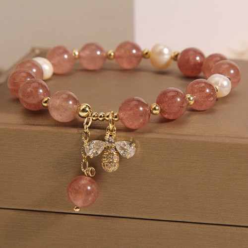 Strawberry Quartz Pearl Zircon Honeybee Positive Charm Bracelet