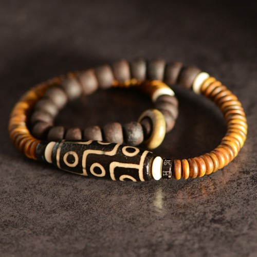 Tibetan Nine-Eye Dzi Bead Green Sandalwood Peace Wrap Bracelet Tibetan Nine-Eye Dzi Bead Green Sandalwood Peace Wrap Bracelet