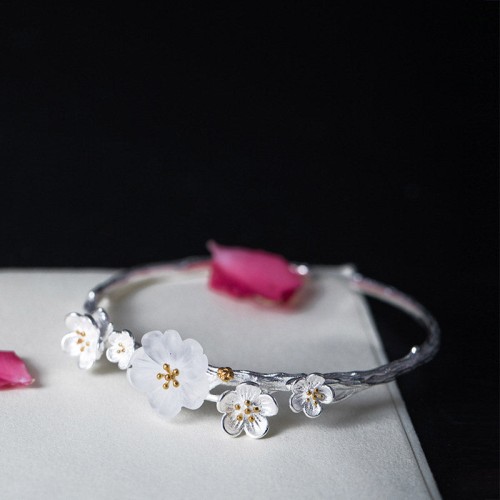 925 Sterling Silver Plum Flower Blessing Adjustable Bangle 925 Sterling Silver Plum Flower Blessing Adjustable Bangle