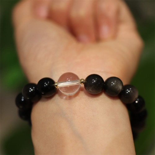 Silver Sheen Obsidian Pink Crystal Yin Yang Couple Bracelet Silver Sheen Obsidian Pink Crystal Yin Yang Couple Bracelet