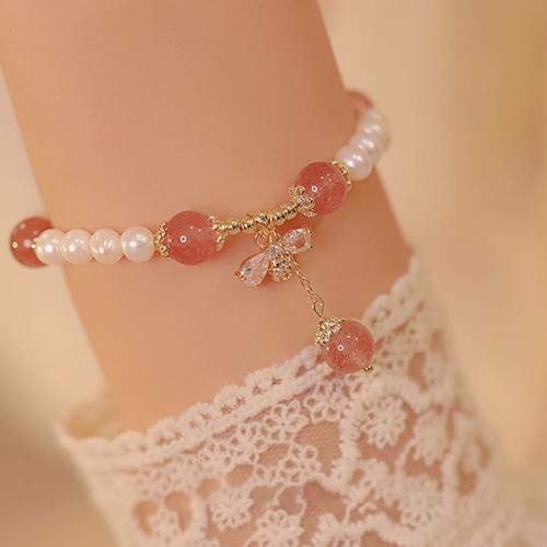 Pearl Strawberry Quartz Honey Bee Charm Healing Bracelet