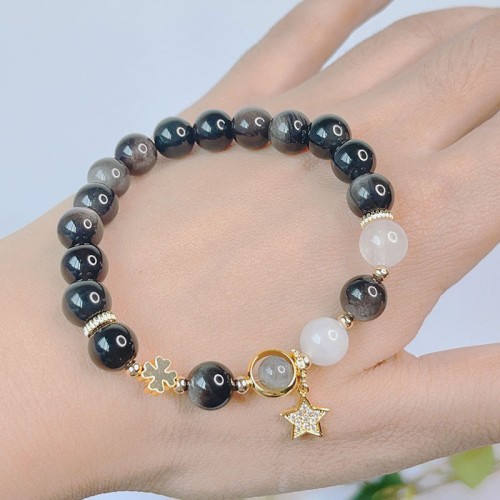 Natural Silver Sheen Obsidian Heart Star Flower Protection Bracelet
