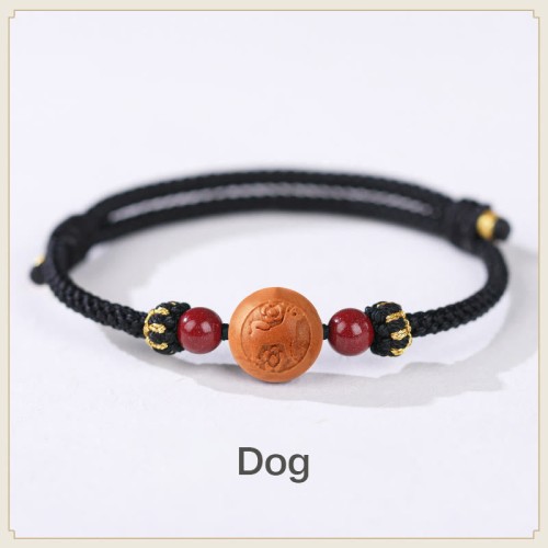 Natural Peach Wood Chinese Zodiac Cinnabar Wealth Bracelet
