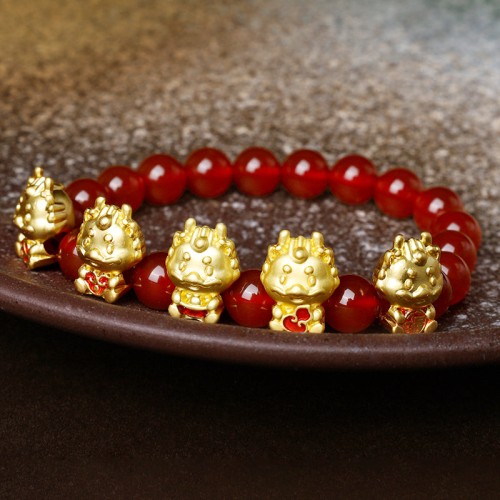 Year of the Dragon Red Agate Copper Coin Fu Character Bracelet Year of the Dragon Red Agate Copper Coin Fu Character Bracelet