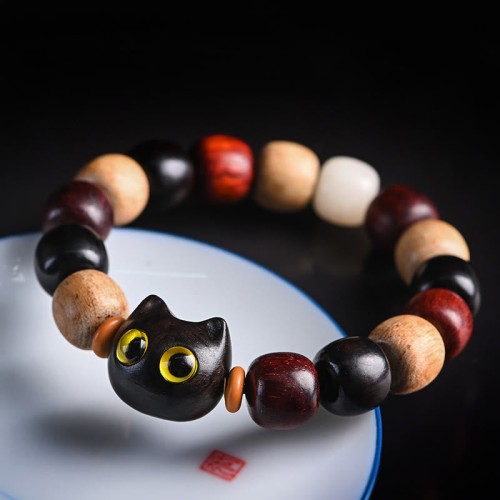 Ebony Wood Cat Engraved Protection Bracelet