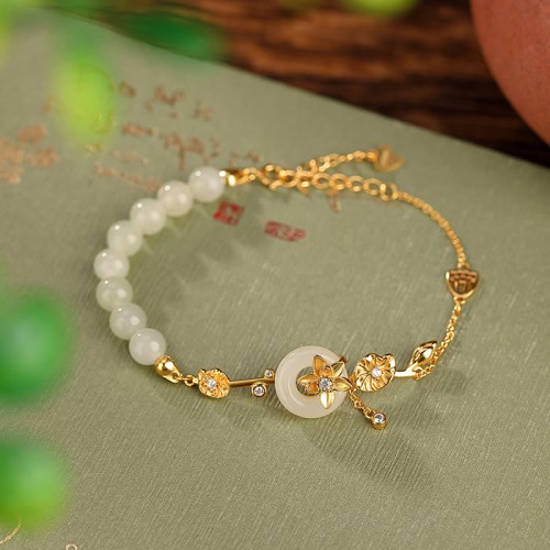 925 Silver Hetian Jade Peace Lotus Luck Bracelet 925 Silver Hetian Jade Peace Lotus Luck Bracelet