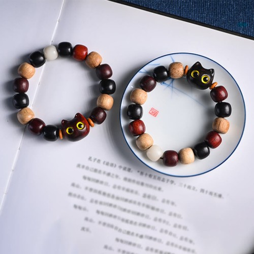 Ebony Wood Cat Engraved Protection Bracelet