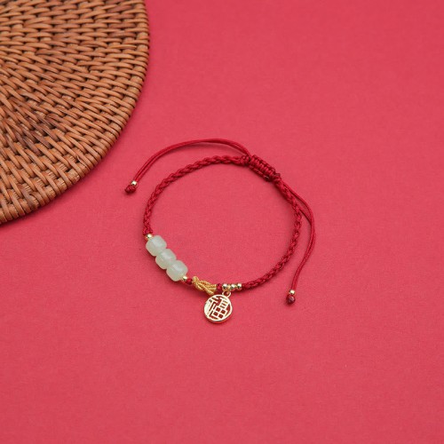 Jade Fu Character Charm Luck Red Rope Bracelet