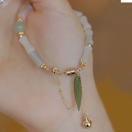 14K Gold Plated Hetian Jade Bamboo Leaf Luck Bracelet 14K Gold Plated Hetian Jade Bamboo Leaf Luck Bracelet