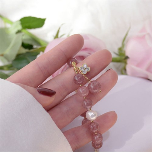 Strawberry Quartz Pearl Four Leaf Clover Love Bracelet Strawberry Quartz Pearl Four Leaf Clover Love Bracelet