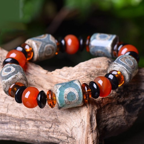 Tibetan Three-Eyed Dzi Bead Agate Protection Bracelet Tibetan Three-Eyed Dzi Bead Agate Protection Bracelet