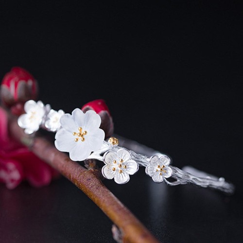 925 Sterling Silver Plum Flower Blessing Adjustable Bangle 925 Sterling Silver Plum Flower Blessing Adjustable Bangle