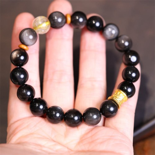 Silver Sheen Obsidian Om Mani Padme Hum Protection Bracelet