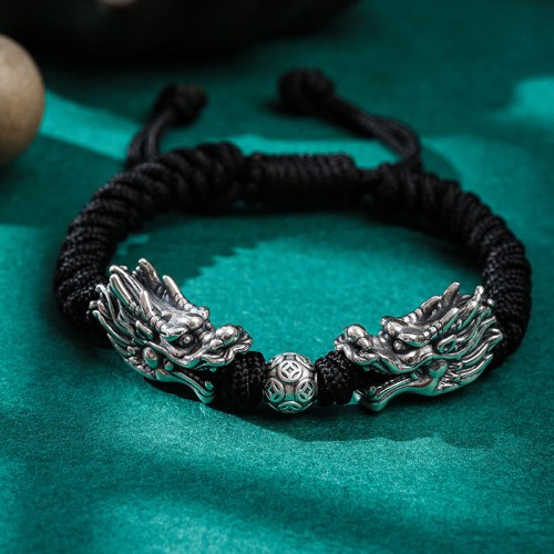 999 Sterling Silver Double Dragon Luck Bracelet