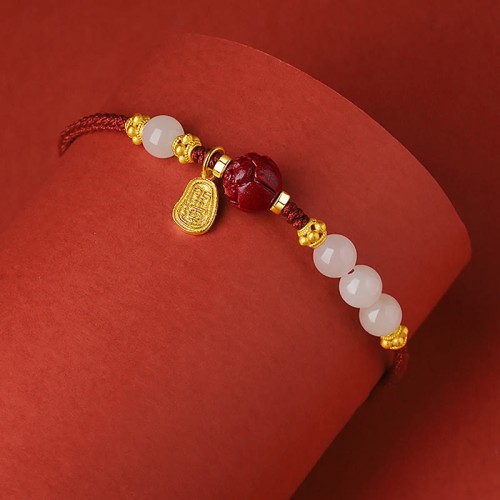 24K Gold Plated Hetian White Jade Lotus Luck Rope Bracelet 24K Gold Plated Hetian White Jade Lotus Luck Rope Bracelet