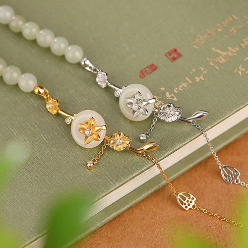 925 Silver Hetian Jade Peace Lotus Luck Bracelet 925 Silver Hetian Jade Peace Lotus Luck Bracelet