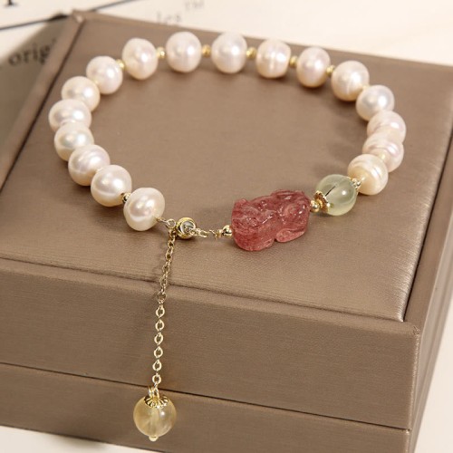 Cat's Eye Moonstone Strawberry Quartz PiXiu Charm Bracelet